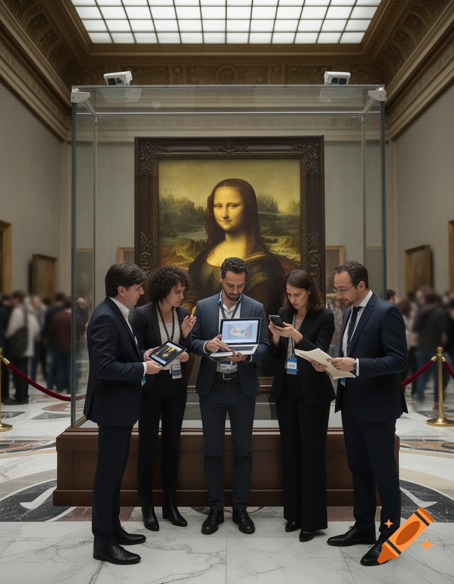 Five people in business suits stand in an art museum in front of the Mona Lisa, viewing laptops, tablets, and phones, photorealistic.