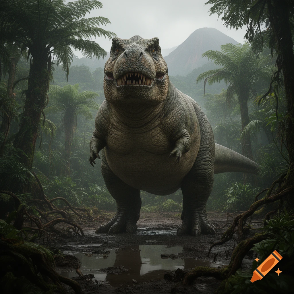 Photorealistic image of an extremely heavy T-Rex standing in a lush prehistoric jungle surrounded by giant ferns and misty mountains.