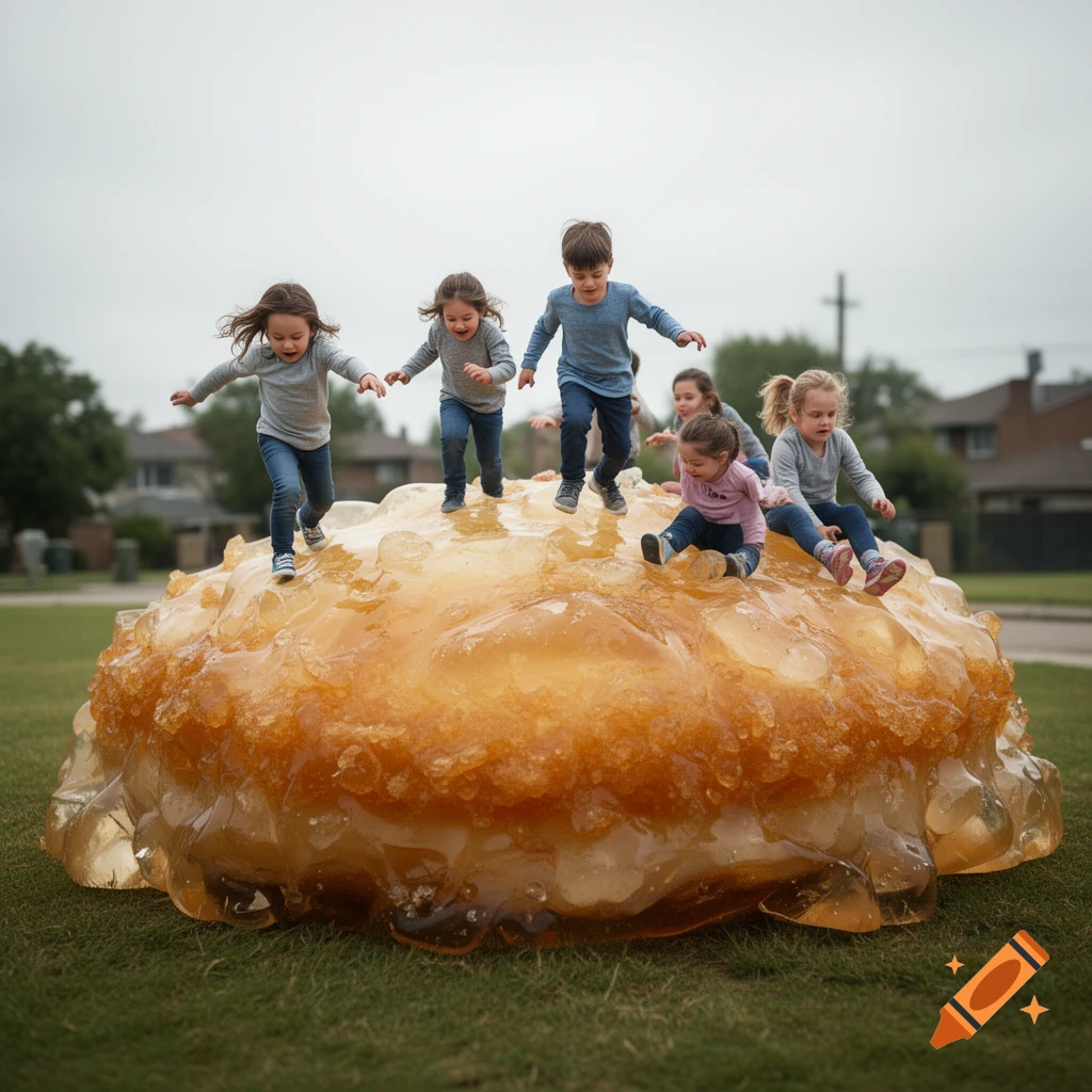 Children playing on top of a giant gelatinous treat in a suburban neighborhood, photorealistic