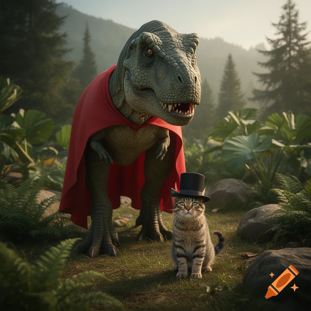 A photorealistic image of a T-Rex wearing a red cape and a tabby cat wearing a top hat in a forest.