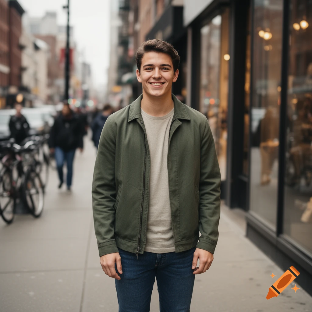 Photorealistic image of a young man smiling in a green jacket standing on a city street.
