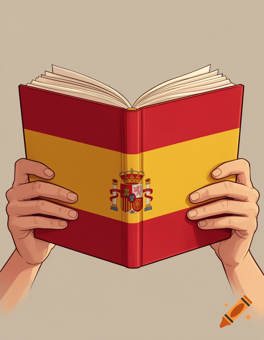 Illustrated pair of hands holding an open book with the Spanish flag on the cover, in a clean, simple drawing style.