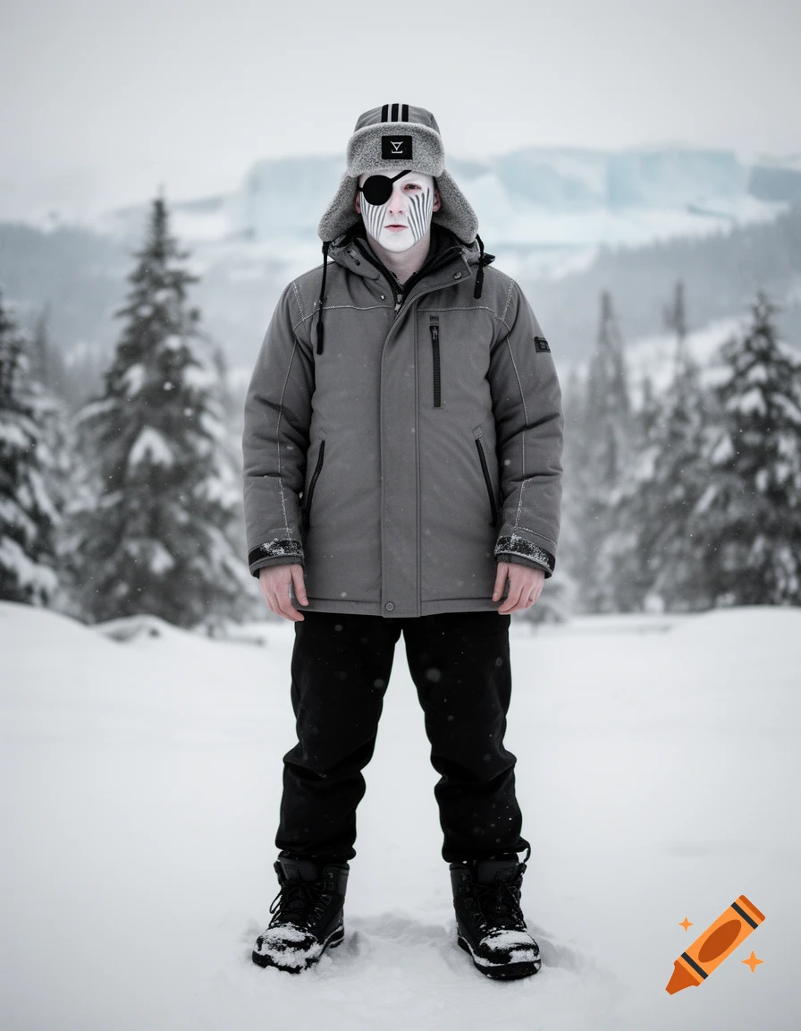 Photorealistic full-body shot of a man with pale skin, grey stripes, an eyepatch, and an ushanka standing in a snowy forest.