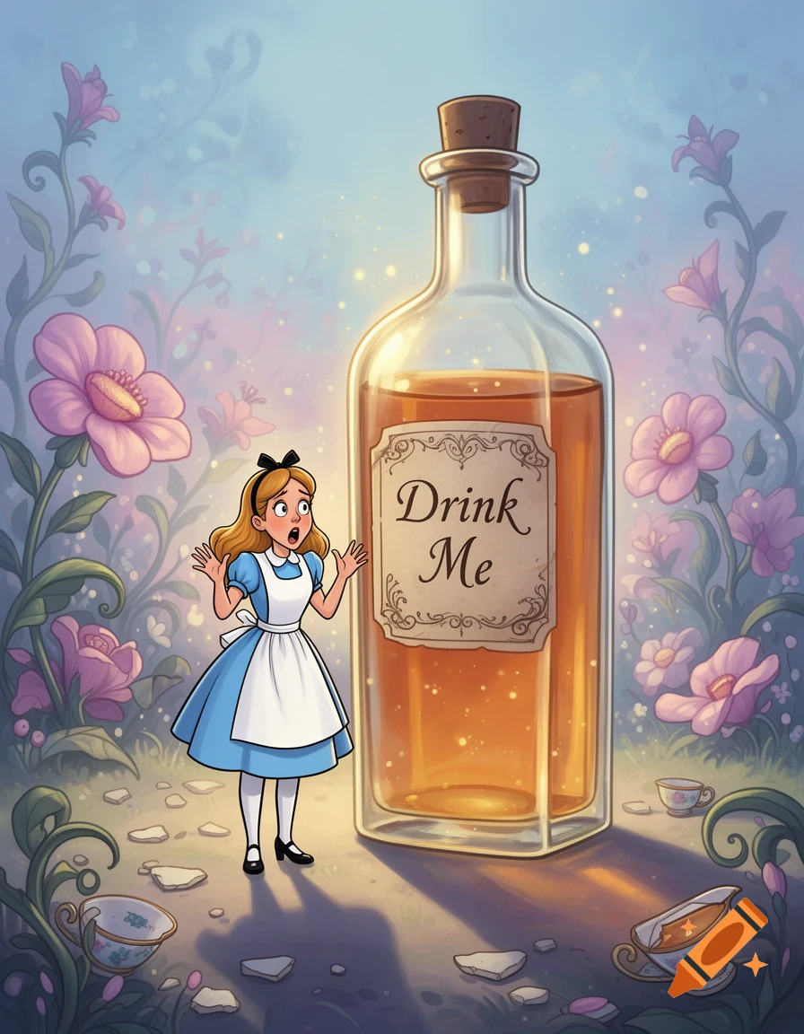 Cartoon illustration of a woman dressed as Alice in Wonderland standing next to a giant bottle labeled Drink Me.