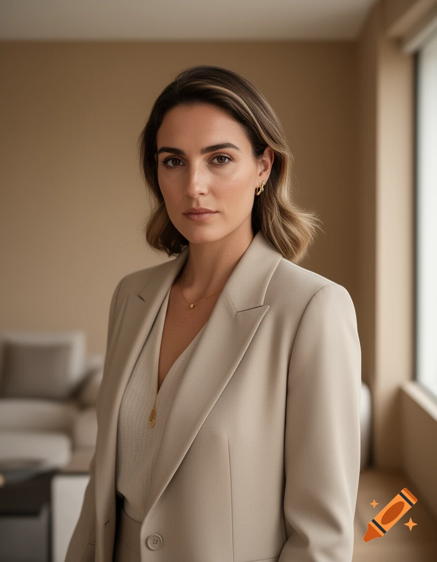 Photorealistic portrait of a woman in a beige blazer standing indoors near a window.