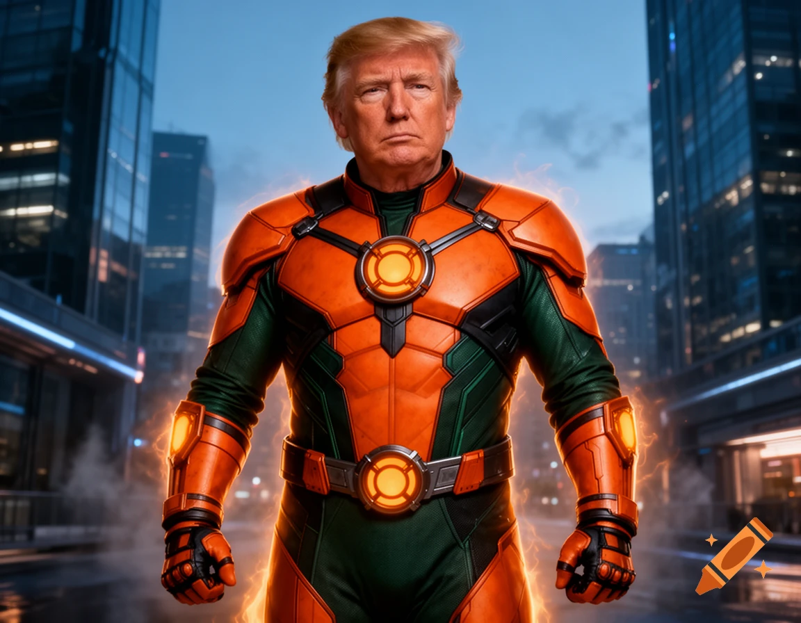 Photorealistic image of Donald Trump wearing an orange and green superhero suit resembling an Orange Lantern in a city.