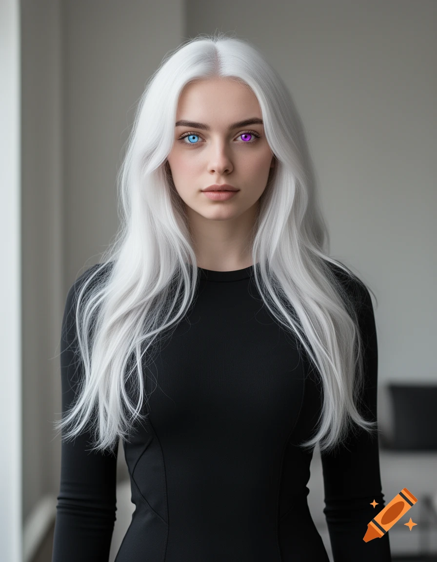 Photorealistic portrait of a young woman with long white hair, heterochromatic eyes (one blue, one violet), and a fitted black top.