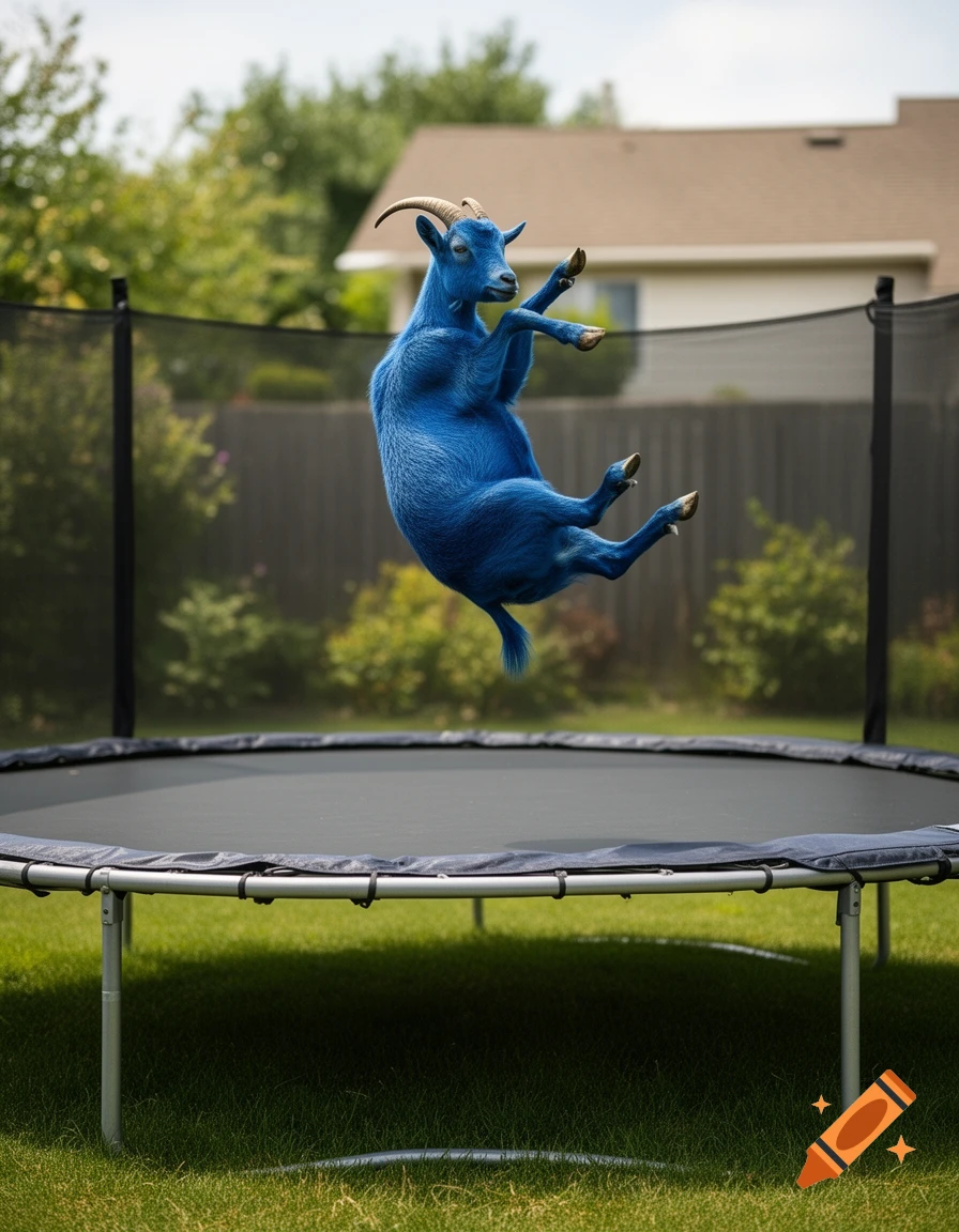 Photorealistic image of a vibrant blue goat doing a backflip on a trampoline in a backyard.