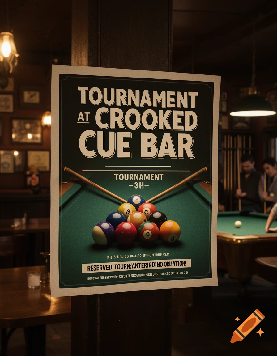 A close-up of a poster for a tournament at Crooked Cue Bar hanging in a dimly lit billiard hall, featuring billiard balls and cues.