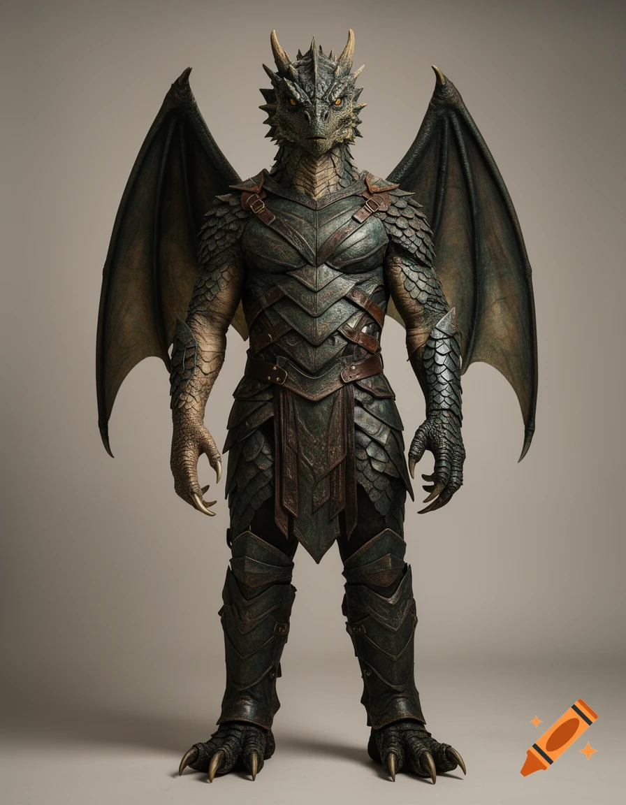 Photorealistic full-body portrait of a humanoid dragon wearing detailed tactical armor and leather straps, with dragon wings and textured scales.