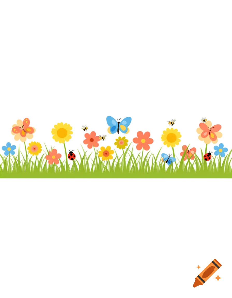 Colorful illustration of a grassy border with flowers, butterflies, ladybugs, and bees on a white background.
