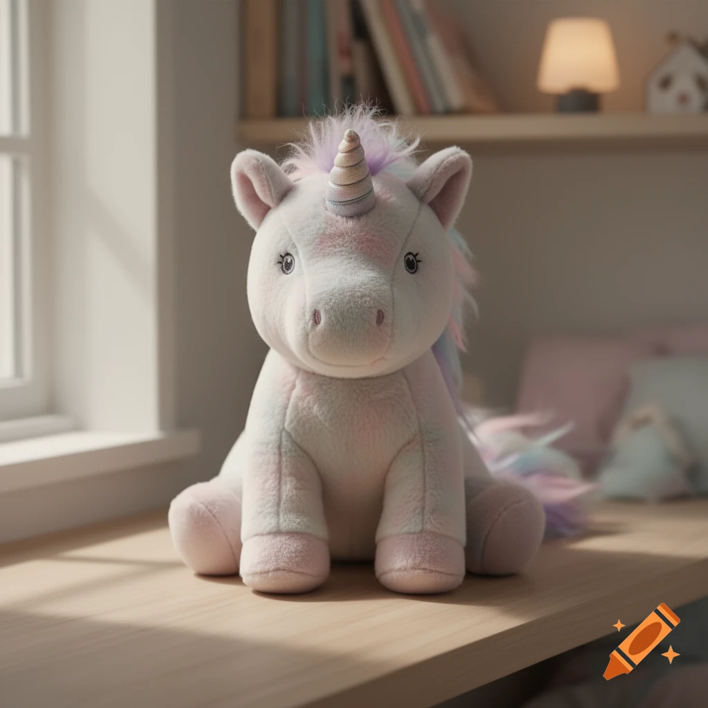 A pastel-colored unicorn plush toy sitting on a wooden windowsill.