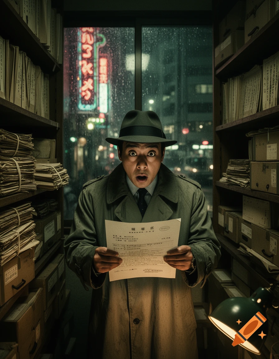 Cinematic shot of a 1950s Japanese journalist in a trench coat and fedora holding a document in a cluttered archive.