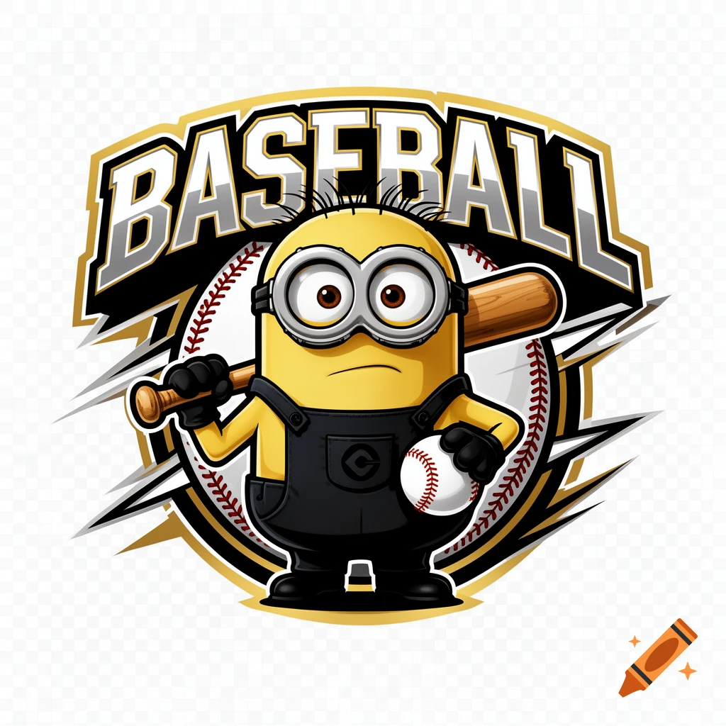 Baseball team logo featuring a yellow minion wearing black overalls, holding a baseball bat and a baseball, with the word BASEBALL above.