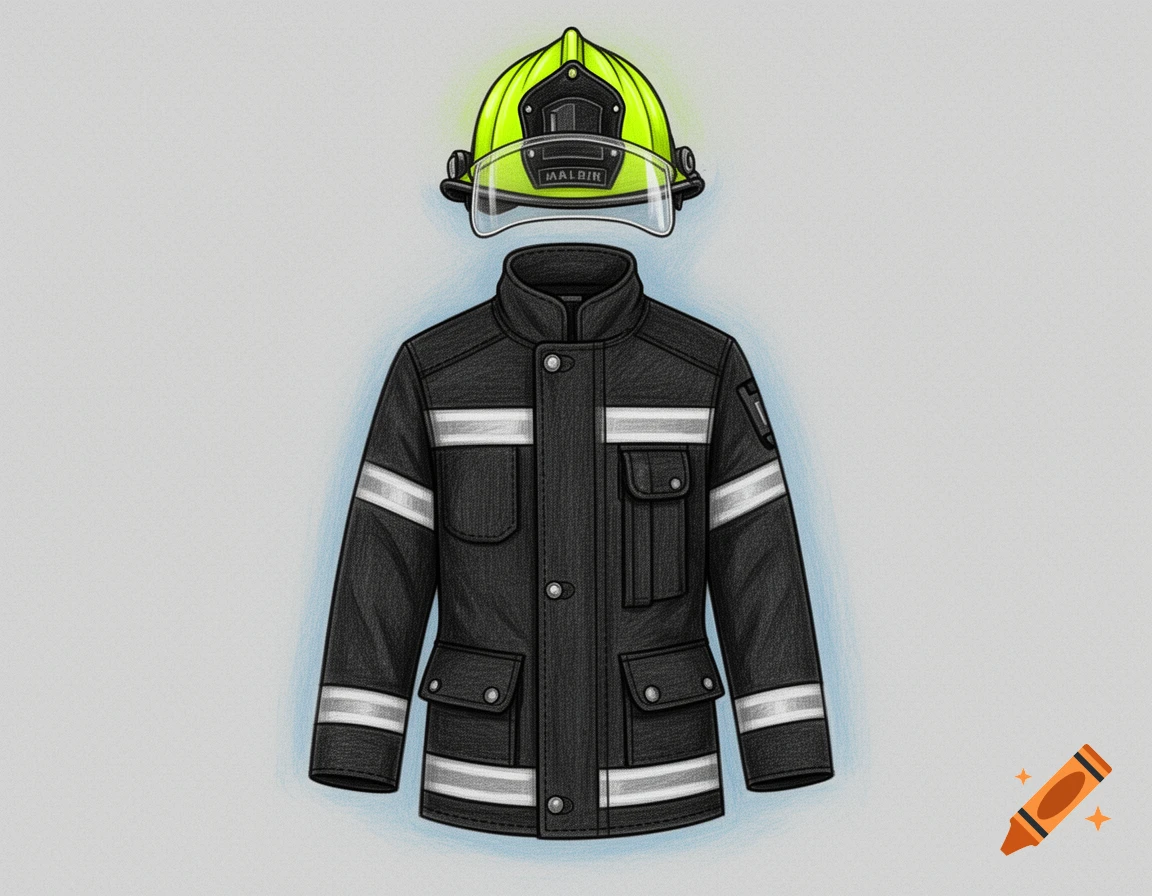 Colored pencil drawing of a black firefighter jacket and a neon yellow helmet with visor on a grey background.