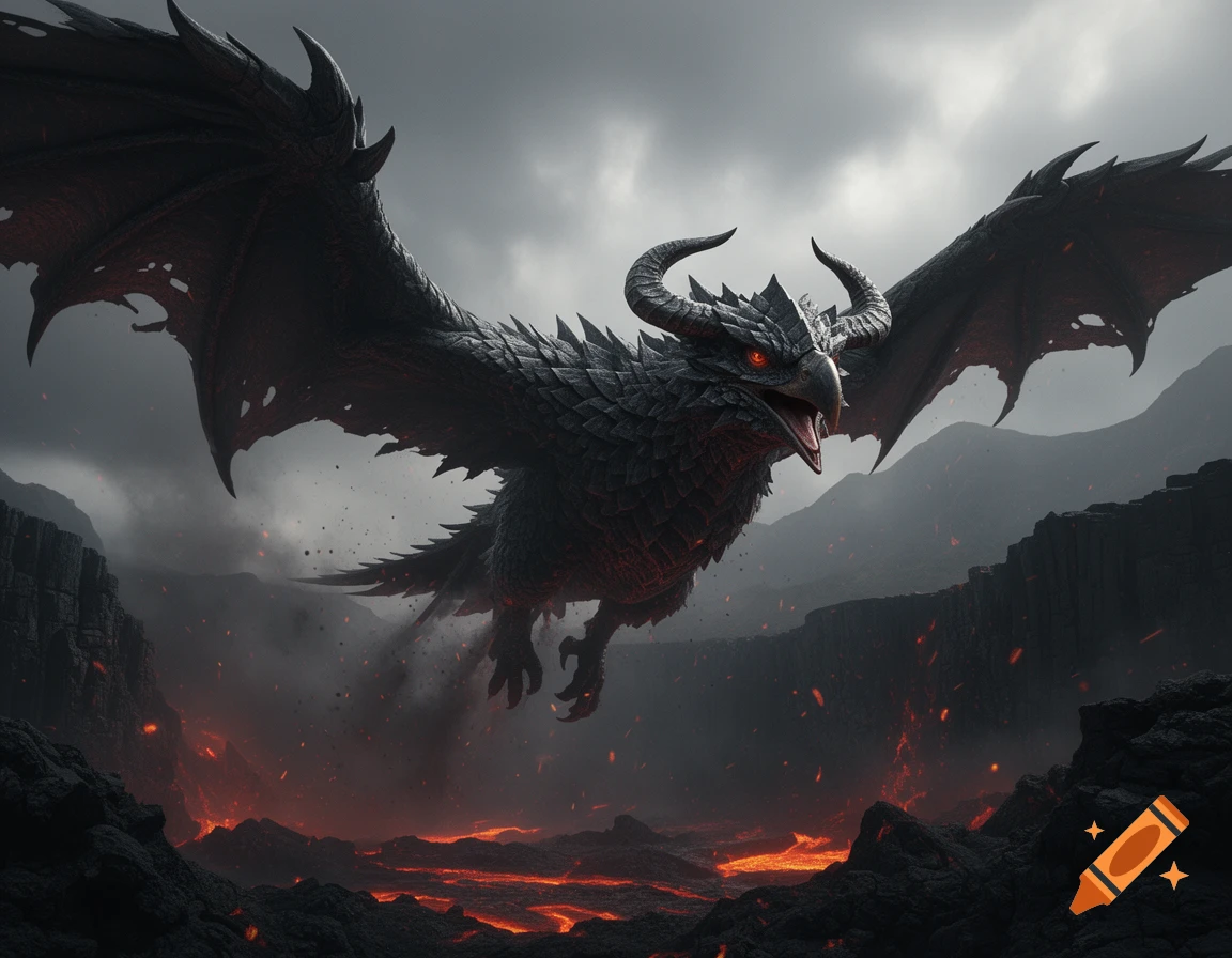 A massive black armored dragon-like kaiju with glowing red eyes flying over a volcanic landscape with glowing lava rivers.