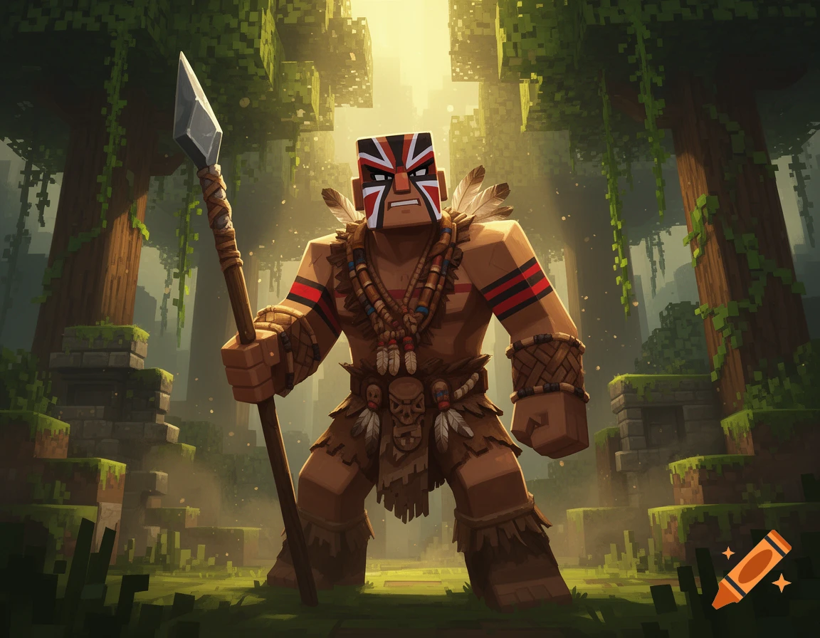 Blocky tribesman character with warpaint and a spear standing in a misty jungle, Minecraft style.
