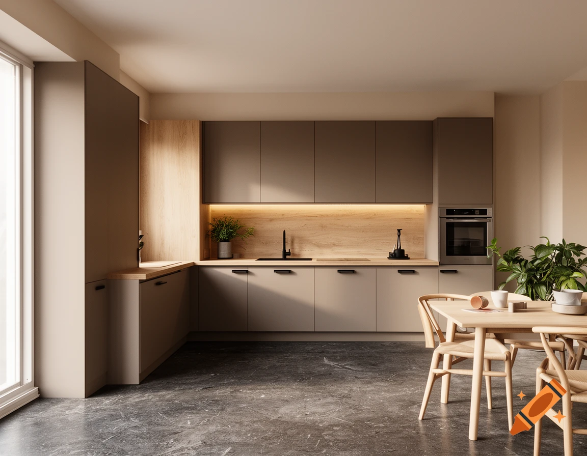 Photorealistic interior view of a modern L-shaped kitchen with dark greige cabinets, light wood accents, and a dining table.