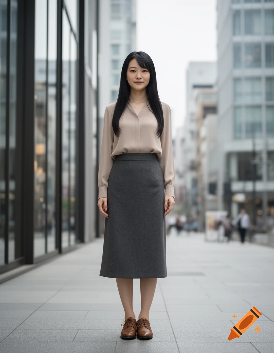 Photorealistic full-body shot of a tall Japanese woman with black hair in a business casual outfit on a city street.