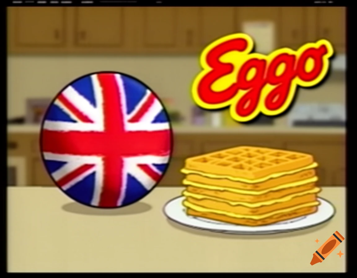 A UK countryball sitting next to a stack of waffles with an Eggo logo in the background, drawn in a low quality 2000s commercial style.