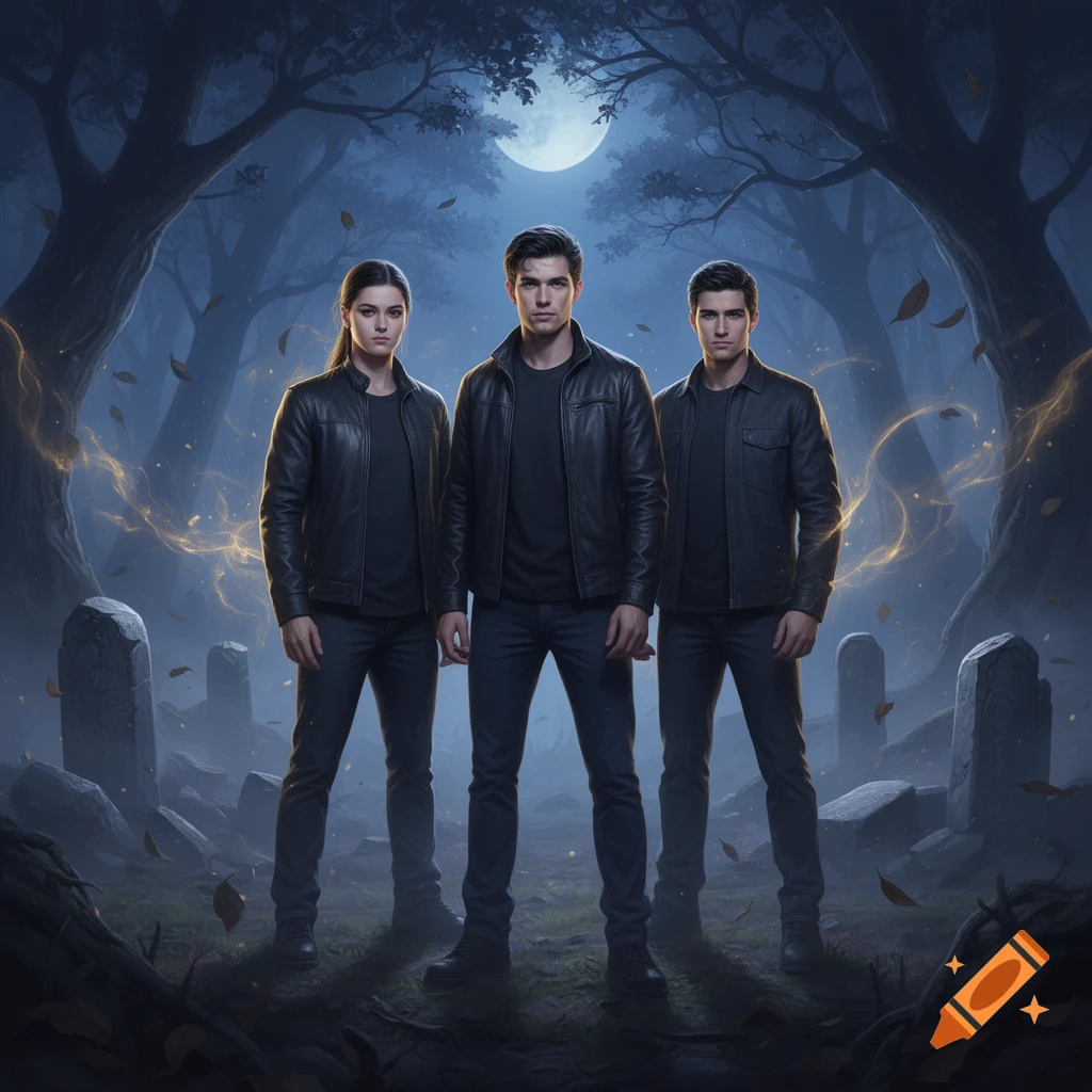 Three characters in dark leather jackets standing in a misty, moonlit forest graveyard with glowing light effects.