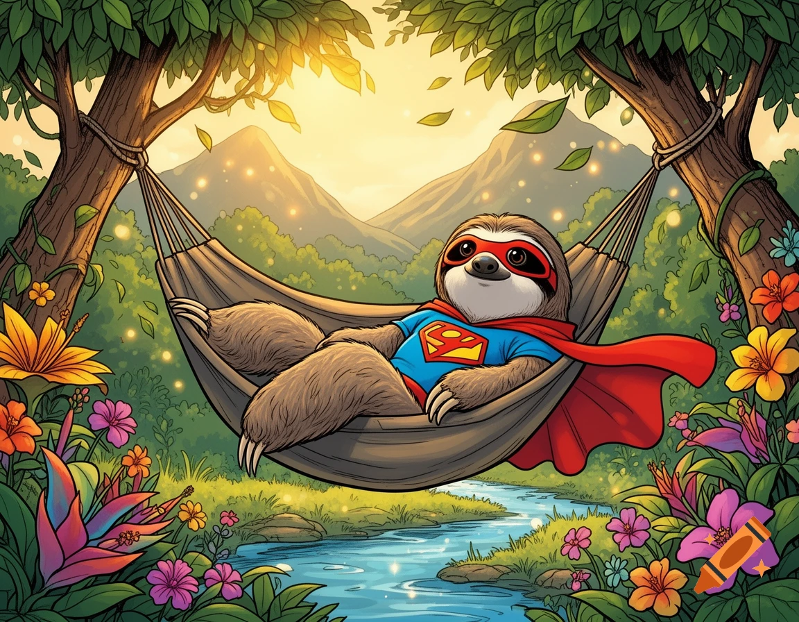 Comic illustration of a sloth dressed as a superhero relaxing in a hammock strung between trees near a flowing stream, vibrant style.