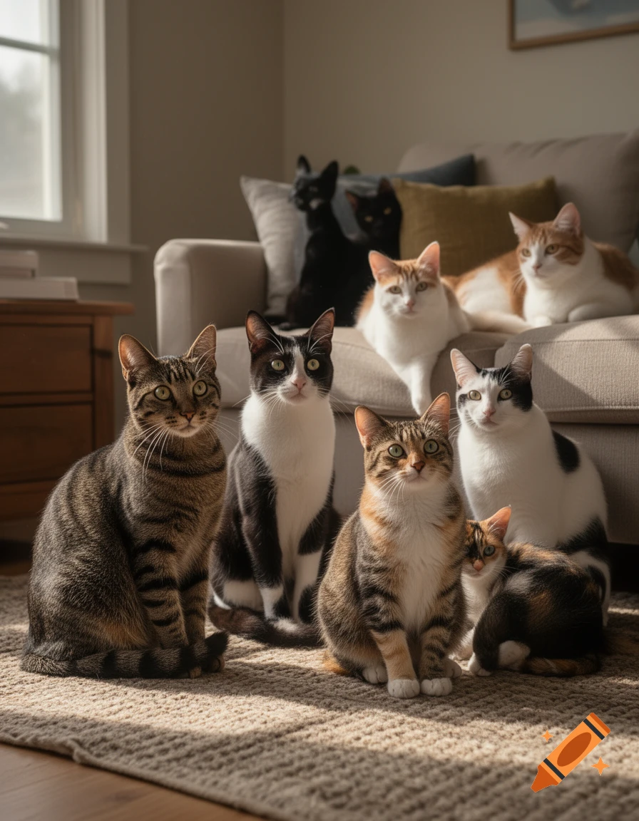 Photorealistic group of nine diverse cats posing together on a carpeted floor in a living room.