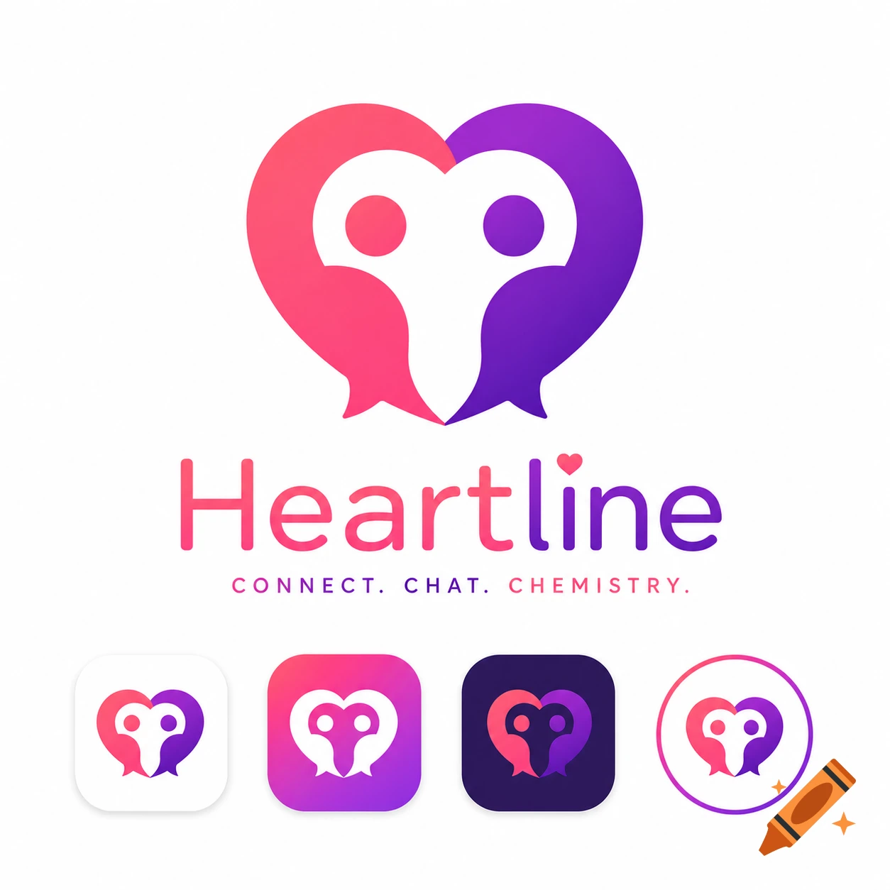 Logo design for a dating app with a pink and purple heart shape and the text Heartline.