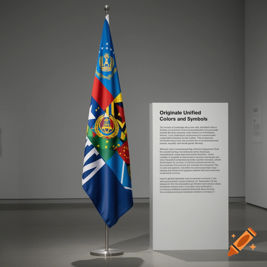 A stylized flag combining various national symbols on a flagpole next to a display stand with descriptive text in a gallery.