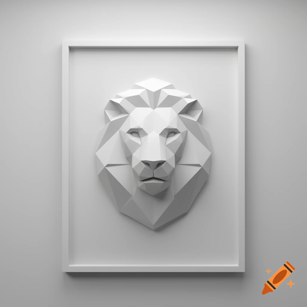 Modern minimalist white plaster bas-relief of a geometric lion head in a rectangular frame.
