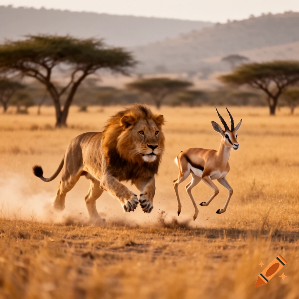 Photorealistic image of a male lion chasing a gazelle across the African savanna.