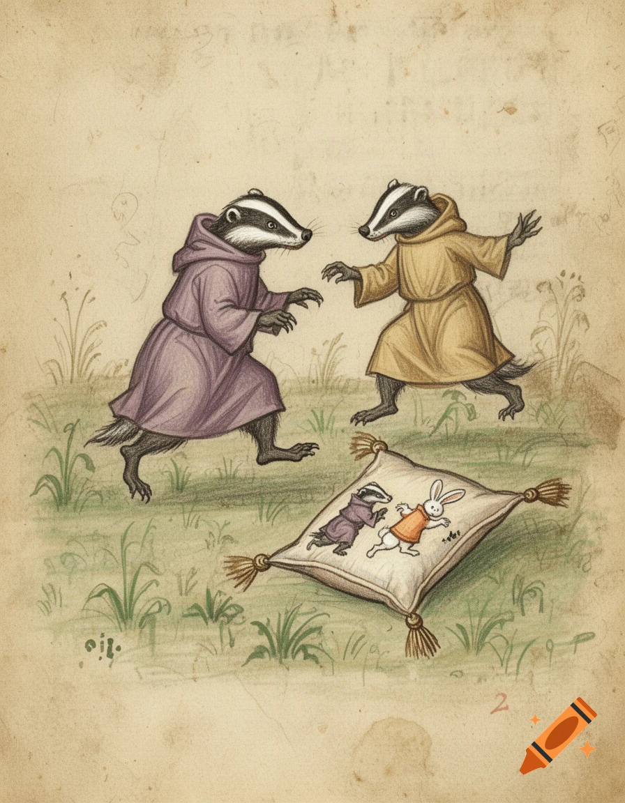 Medieval manuscript sketch of two badgers in robes chasing a pillow across a pasture.