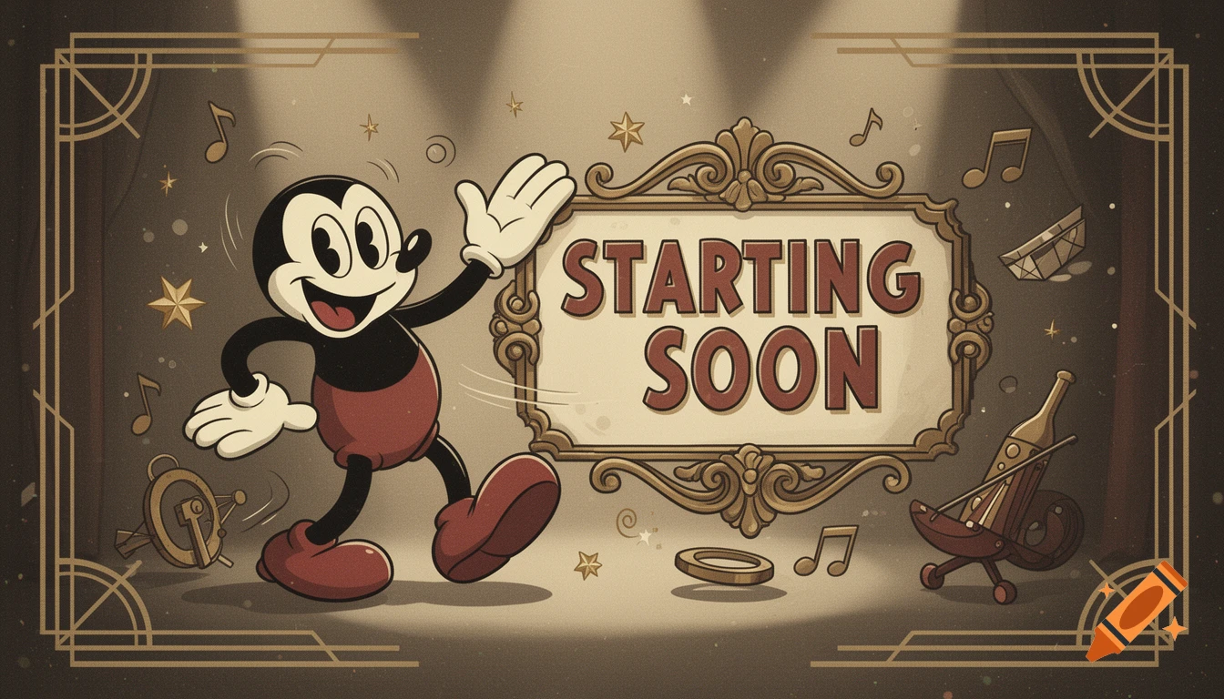 Vintage rubber hose style cartoon with Mickey Mouse waving next to a 'Starting Soon' sign on a stage.