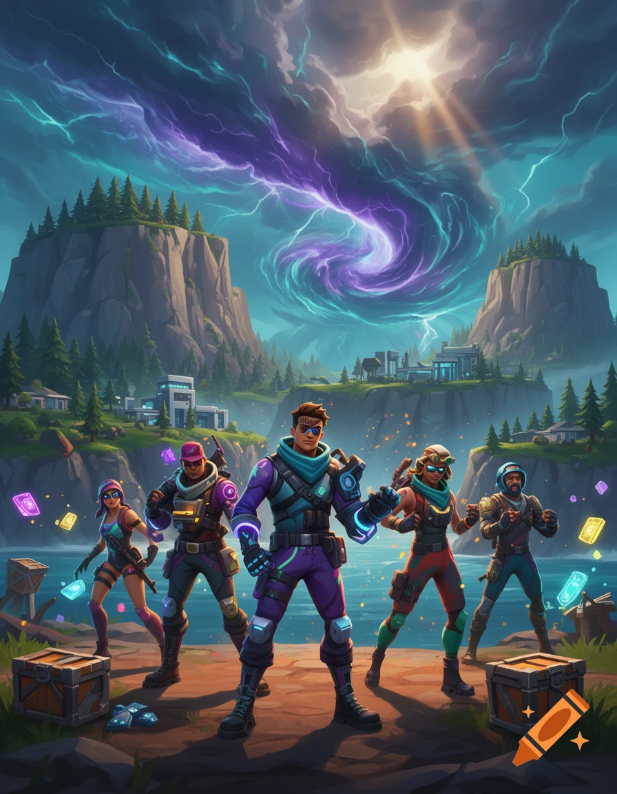 Five stylized video game characters standing heroically in a landscape with a swirling purple vortex in the cloudy sky.