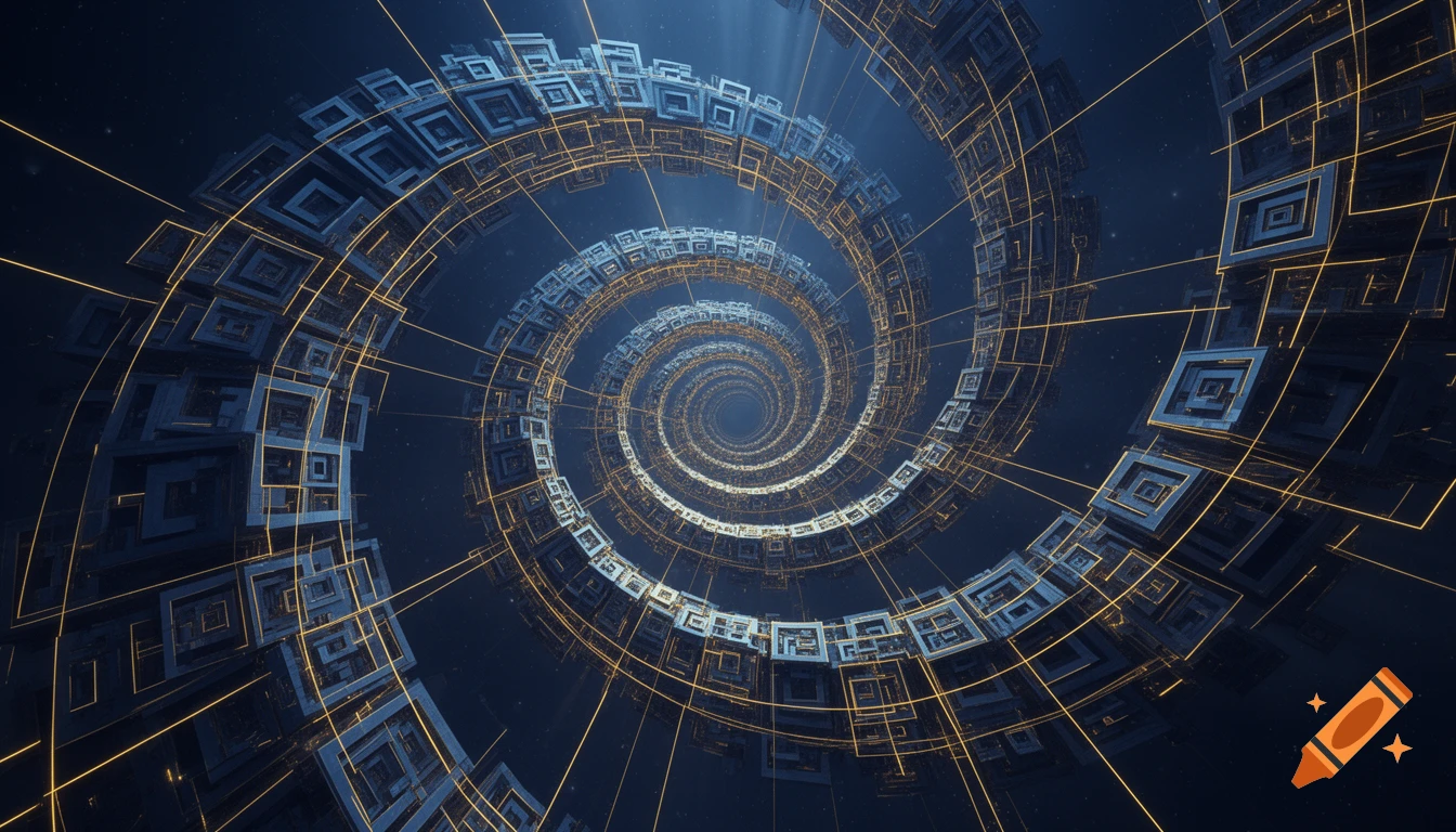 A 3D mathematical fractal artwork of an infinite geometric spiral with glowing golden lines in dark space.