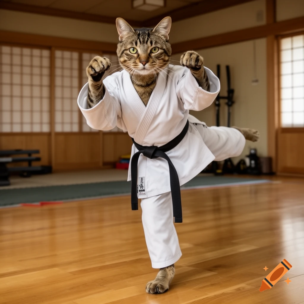 A photorealistic tabby cat wearing a white karate gi and black belt, performing a kick pose in a dojo.