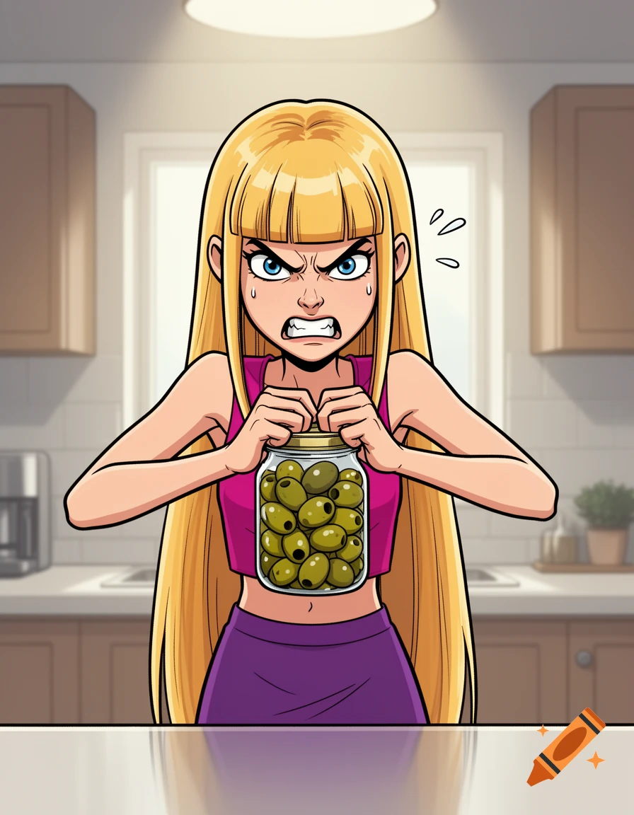 2D cartoon illustration of an angry teenage blonde girl struggling to open a glass jar of green olives in a kitchen.