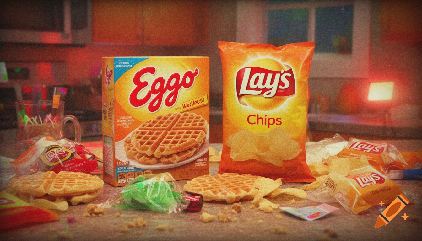 Commercial style still life with a box of Eggo waffles and a bag of Lay's chips on a table with snacks.
