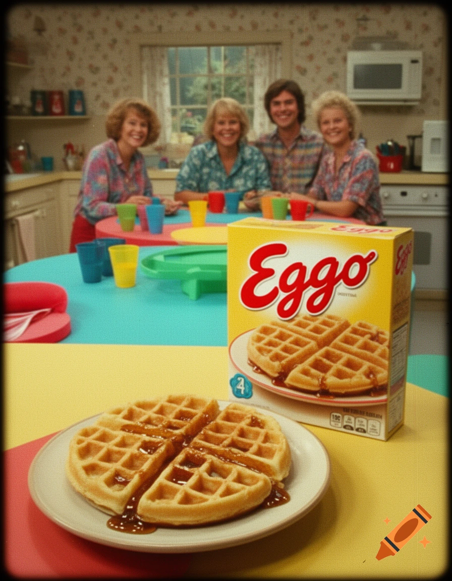 A vintage 1990s style commercial photograph showing a plate of waffles with syrup and an Eggo cereal box, with a family sitting at a colorful table in the background.
