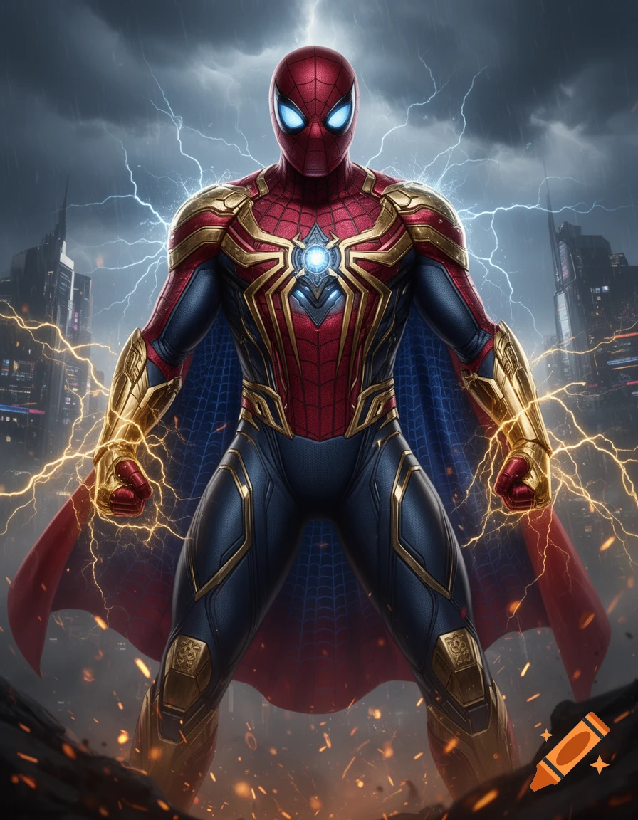 Spider-Man fusion with gold and red armor, glowing chest emblem, cape, standing in a stormy cityscape with lightning.