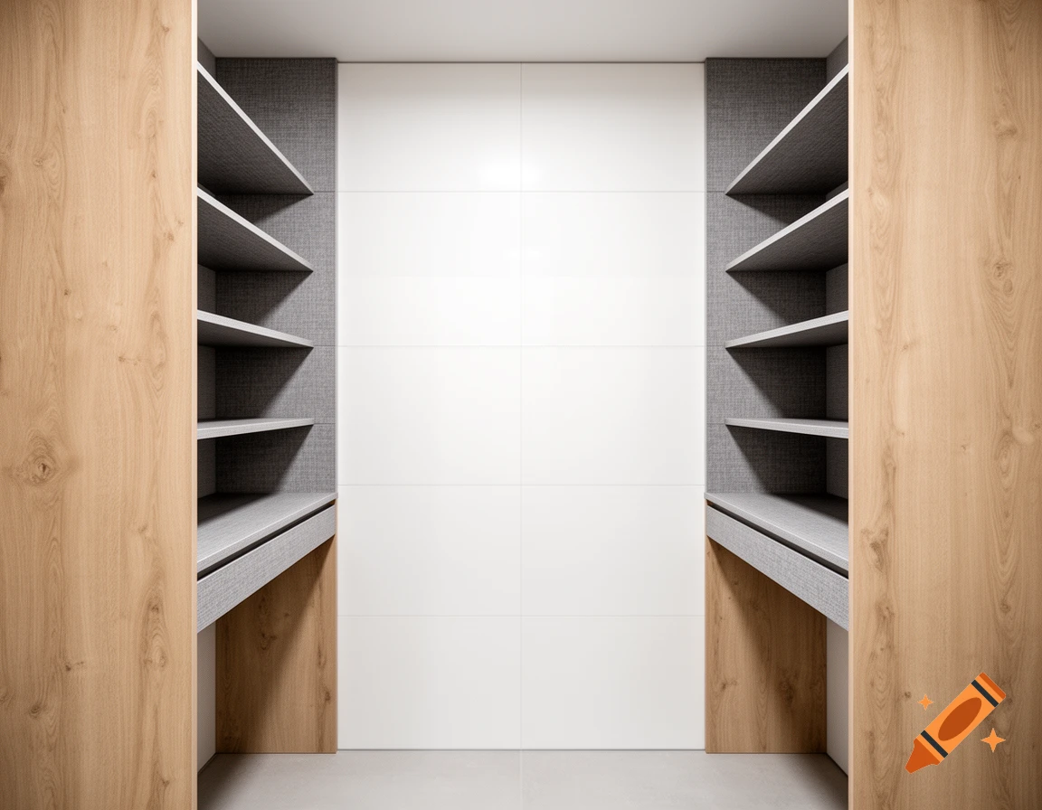 Modern minimalist walk-in pantry with light oak shelves and a white tiled back wall.