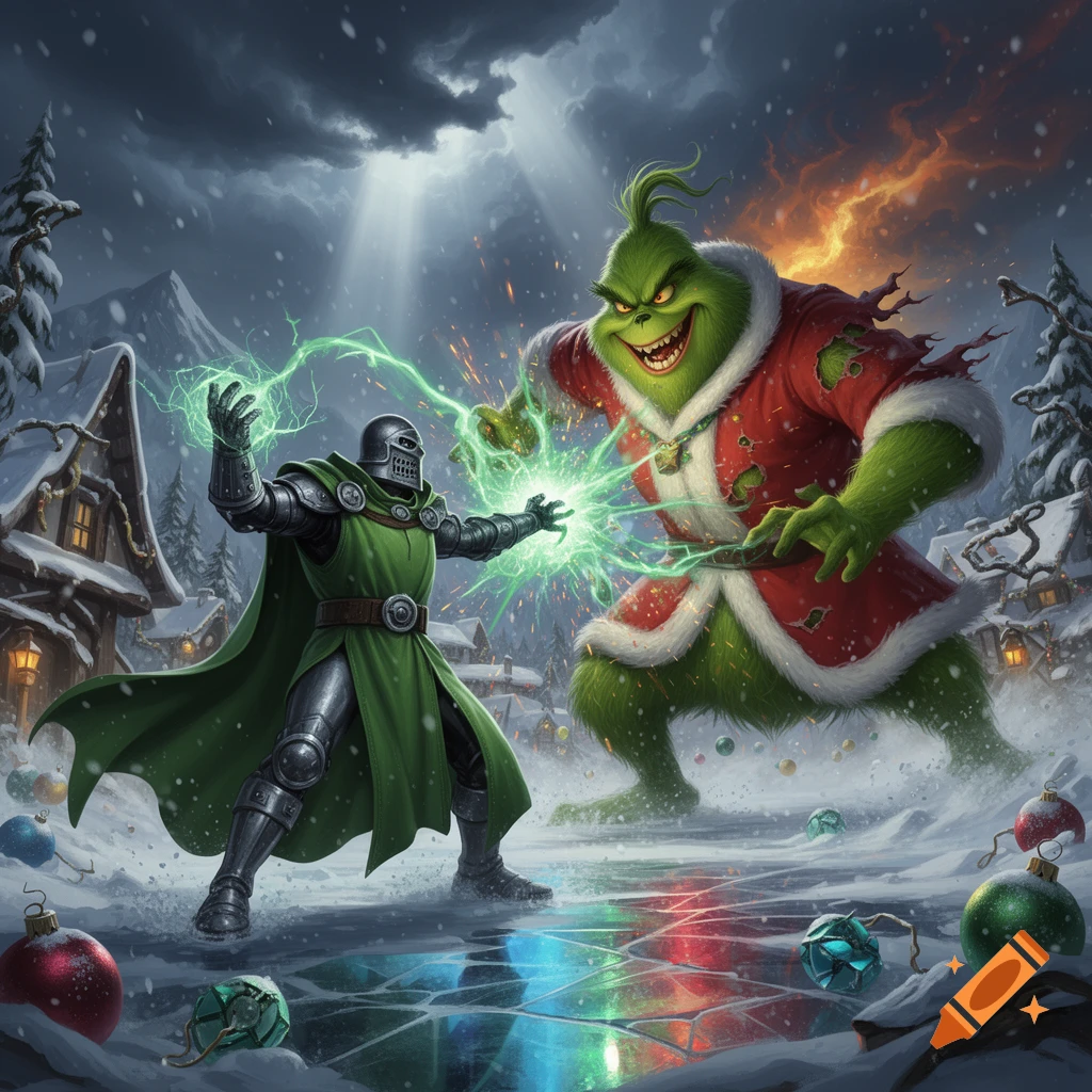 Digital illustration of Doctor Doom fighting a large Grinch in a snowy winter landscape.