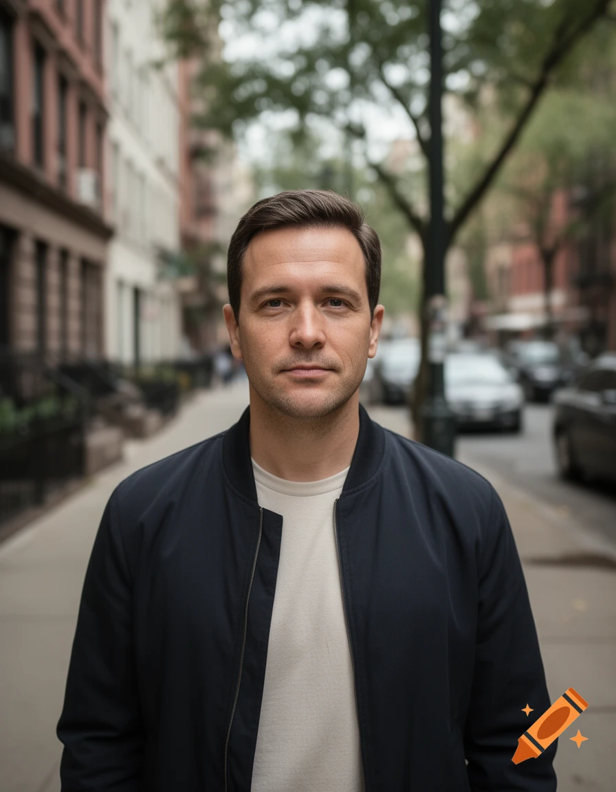 Photorealistic medium shot of a man standing on a city street, wearing a dark bomber jacket.