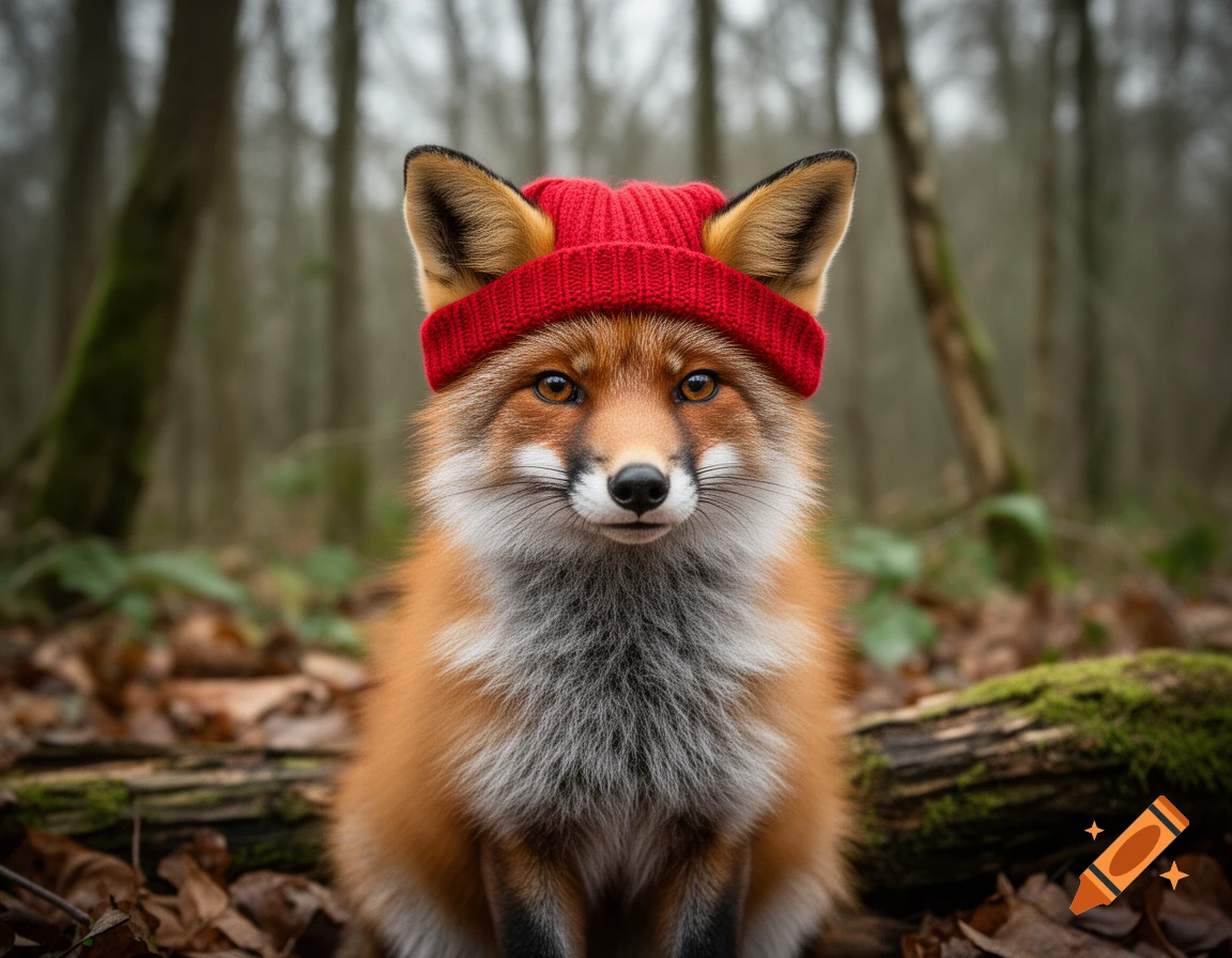 Photorealistic image of a cute red fox wearing a small red knit beanie in a forest.