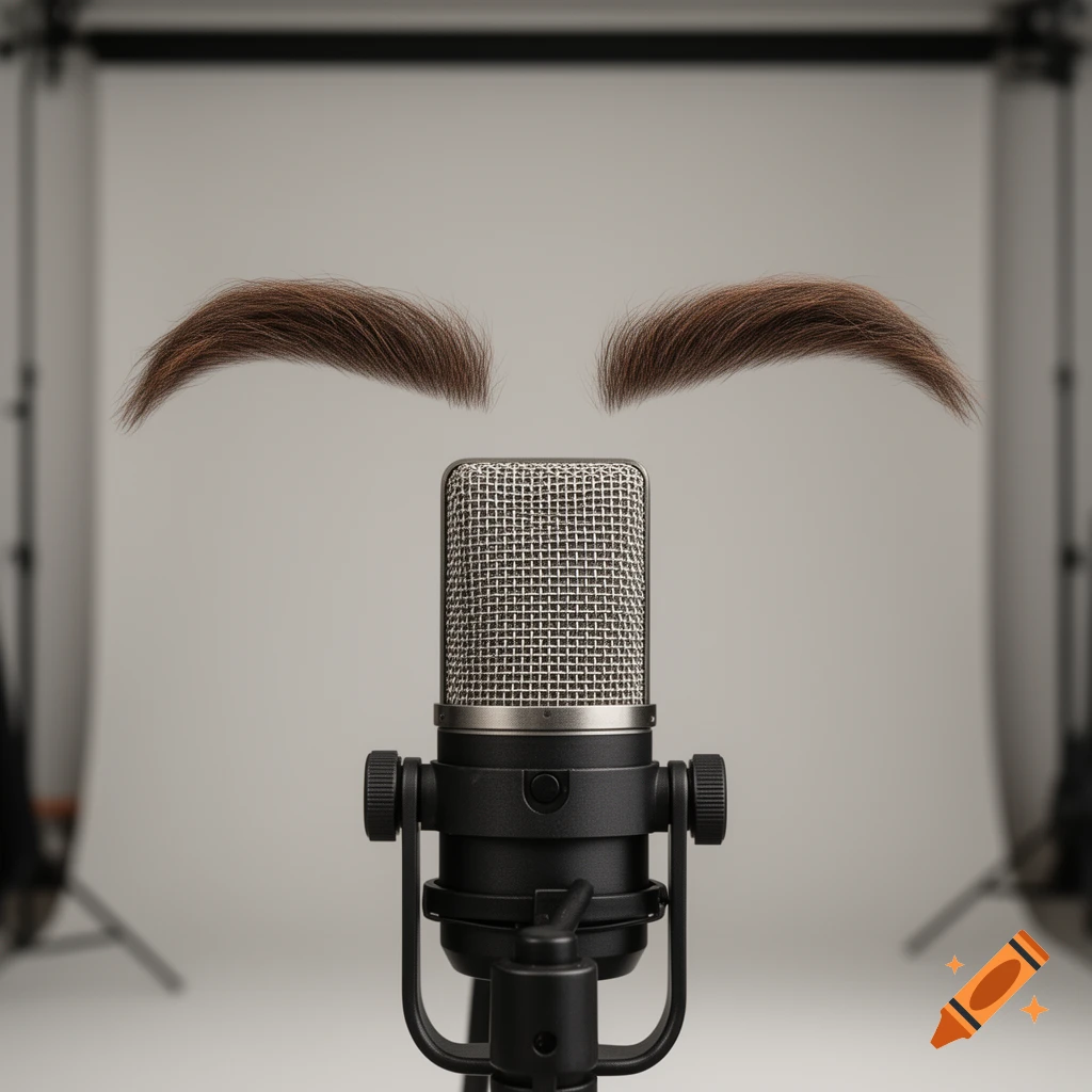 Photorealistic image of two fluffy brown eyebrows floating above a studio microphone against a neutral background.