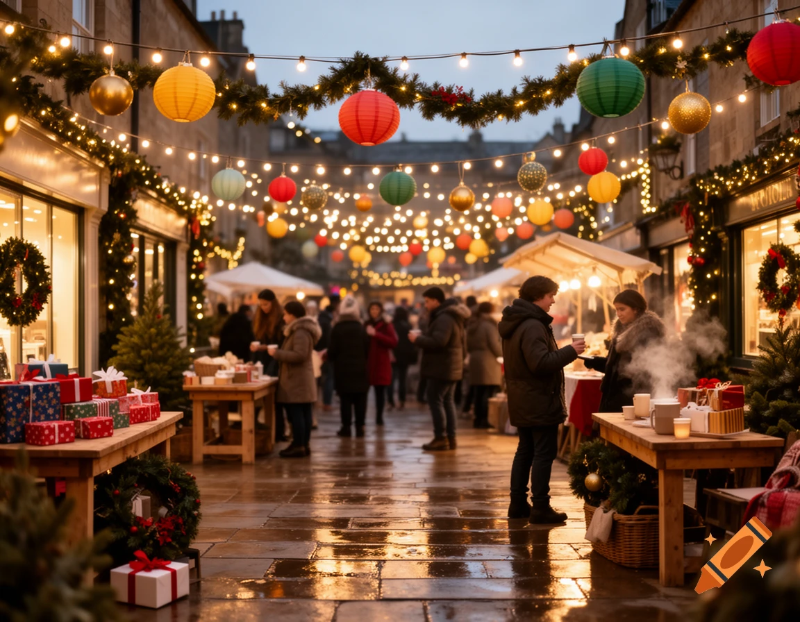 A bustling European-style Christmas market at dusk with glowing lanterns, festive stalls, and holiday decorations.