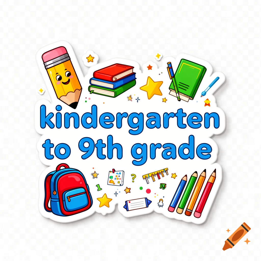 A colorful cartoon sticker featuring school supplies like a pencil, books, backpack, and the text kindergarten to 9th grade