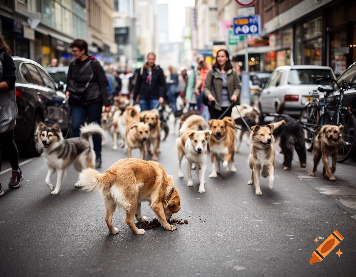 Photorealistic street scene with multiple dogs walking and one dog sniffing the asphalt, surrounded by pedestrians and cars.