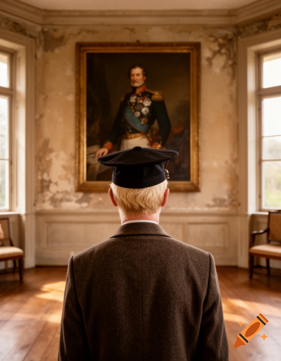 Rear view of a blond man wearing a student cap and coat, looking at a framed historical painting in a country house interior.