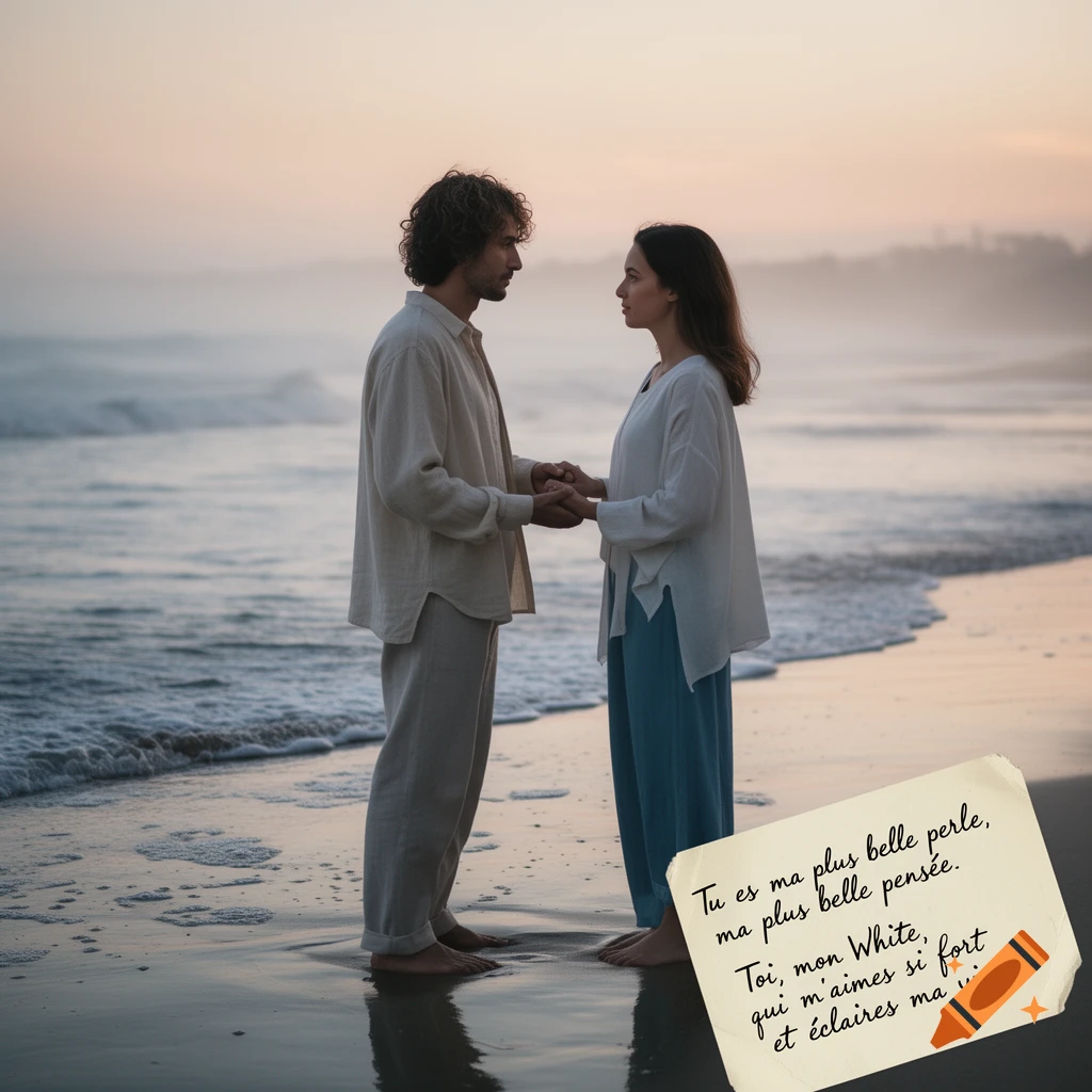 Photorealistic couple standing hand in hand on a beach at sunset, with a handwritten love poem overlaid.